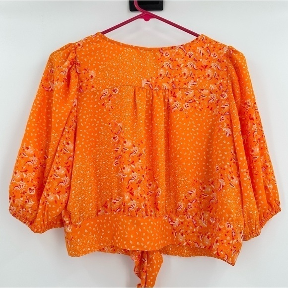 JOIE Women’s V-Neck Orange/Pink Floral Balloon Sleeve Crop Top w/Tie Size Large - Picture 2 of 14